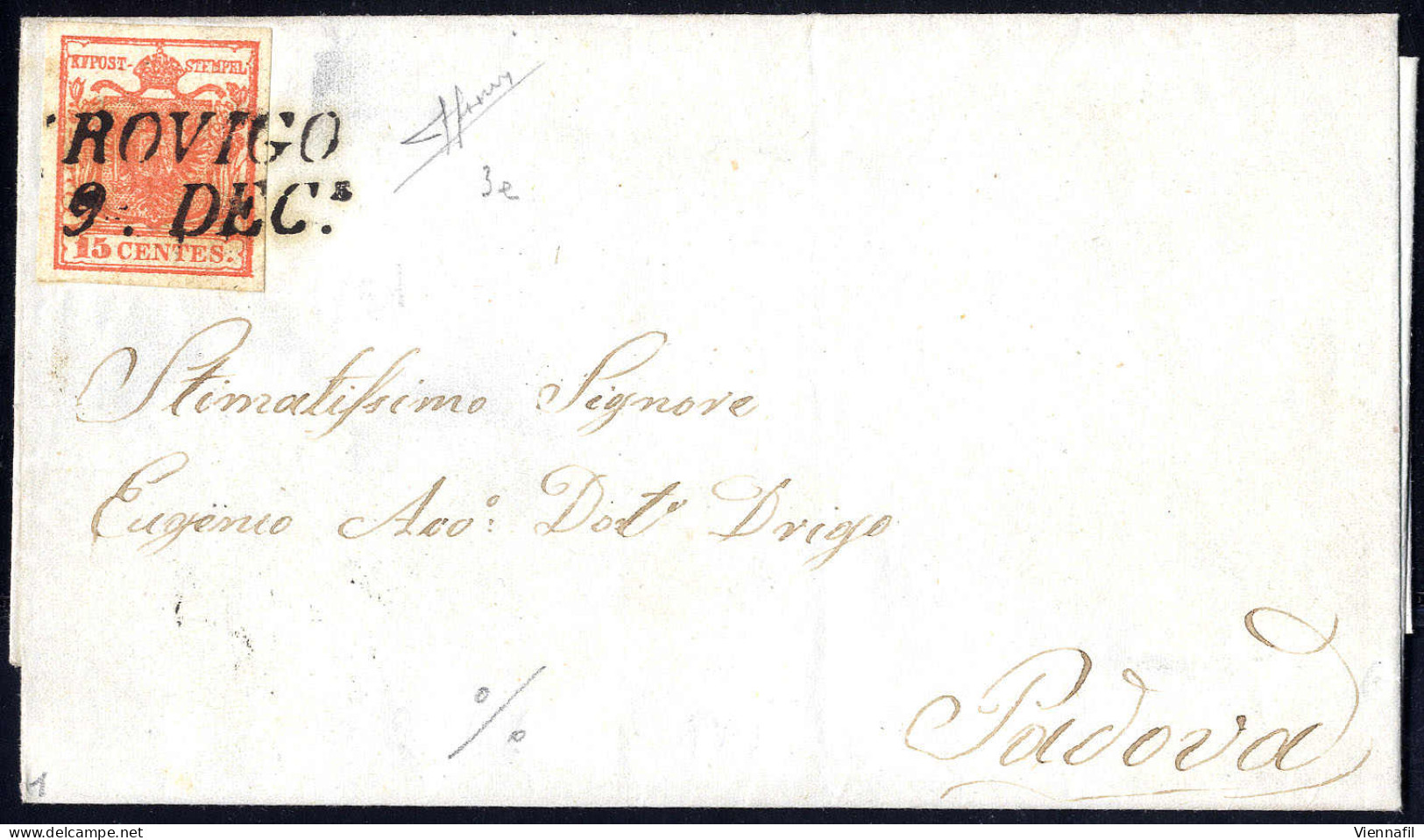 Cover 1850, 15 Cent. Rosso Vermiglio, Primo Tipo, Su Lettera Da Rovigo, Firm. A. Sorani (Sass. 3e - ANK 3HI) - Lombardo-Vénétie