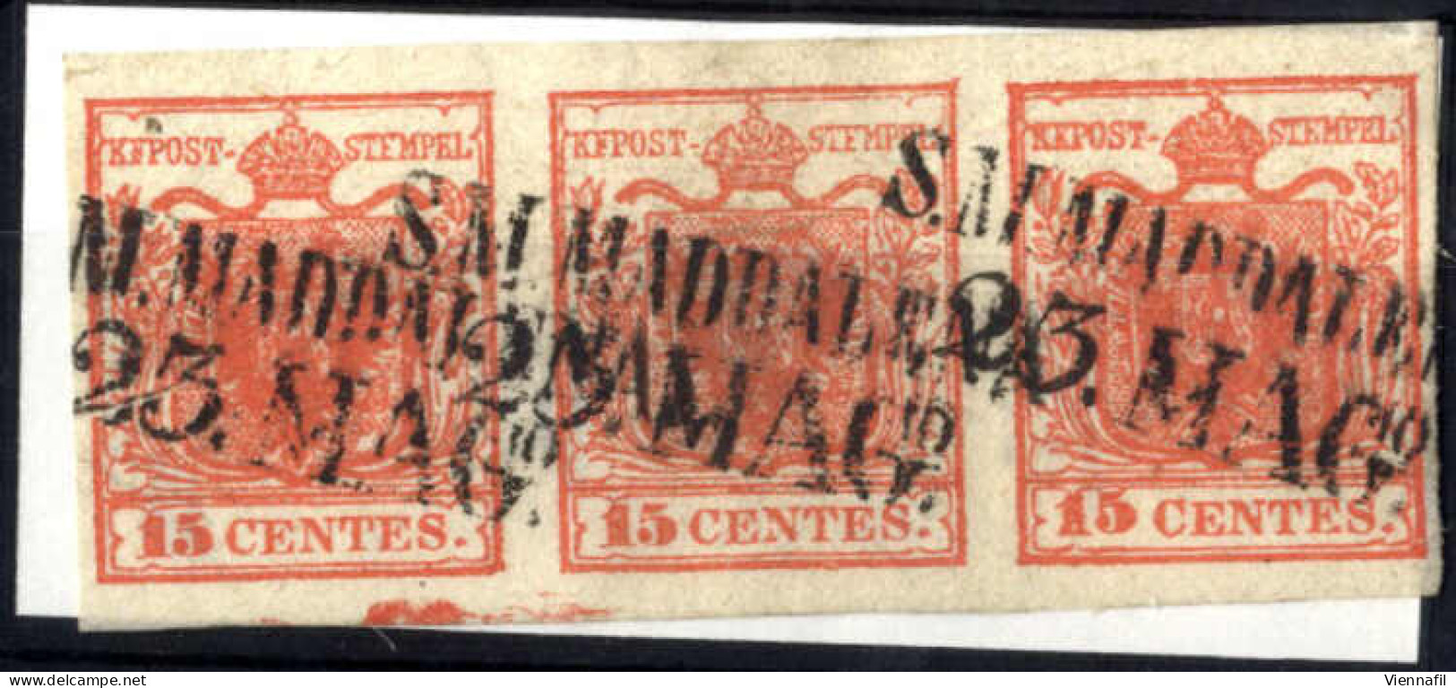 O 1850, 15 Cent. Rosso, Striscia Orizzontale Di Tre Mista Tipo I+I+IIa, Lieve Spazio Tipografico Orizzontale Inferiore,  - Lombardo-Vénétie