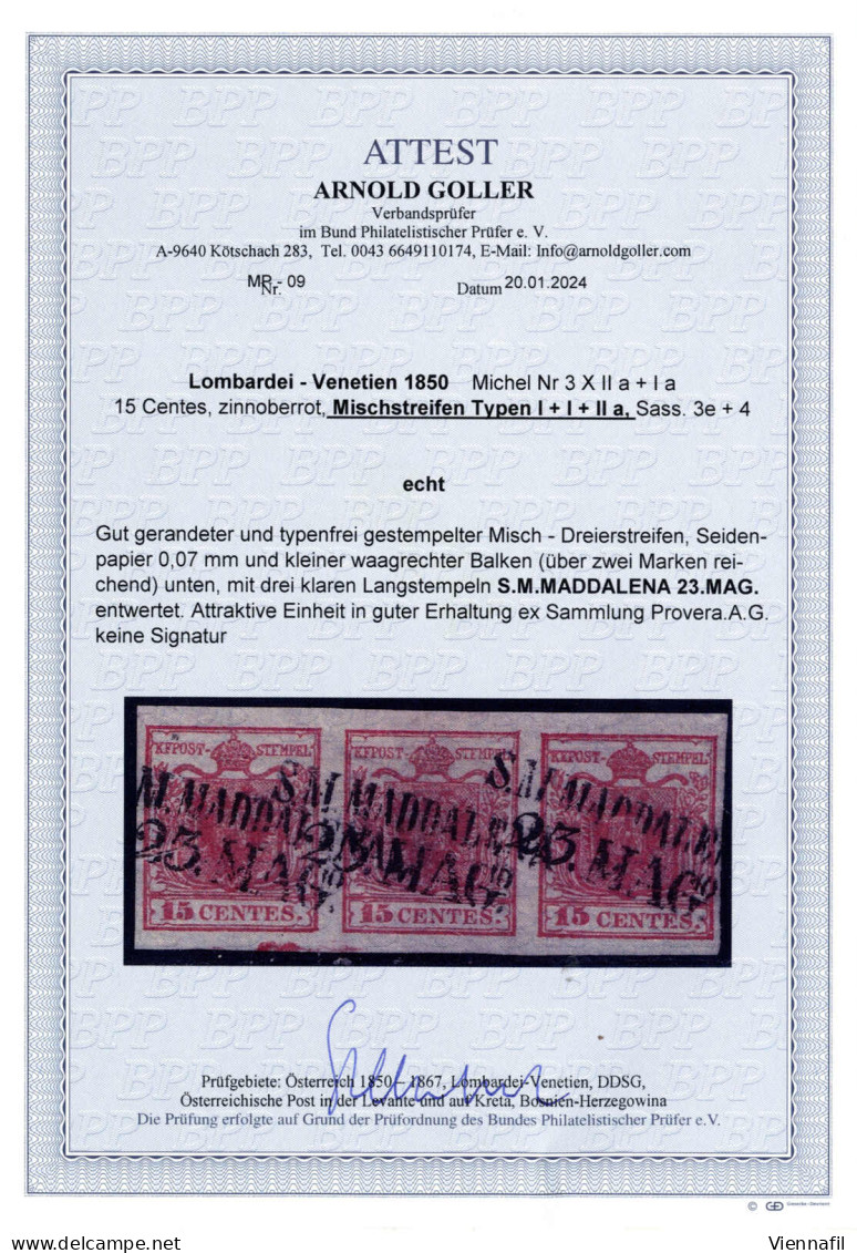 O 1850, 15 Cent. Rosso, Striscia Orizzontale Di Tre Mista Tipo I+I+IIa, Lieve Spazio Tipografico Orizzontale Inferiore,  - Lombardo-Vénétie