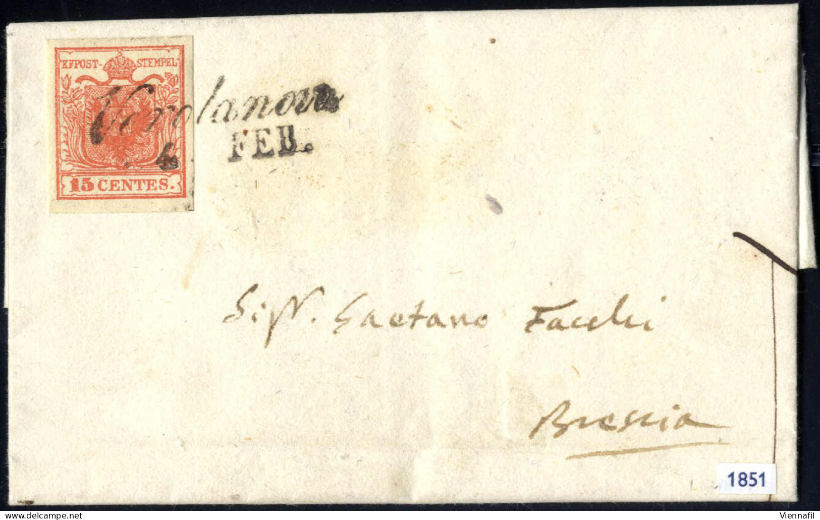 Cover 1851, Lettera Da Verolanova (Cor. 4 P) Del 4.2 Per Brescia Affrancata Con 15 C Rosso Vermiglio I Tipo Carta A Mano - Lombardy-Venetia