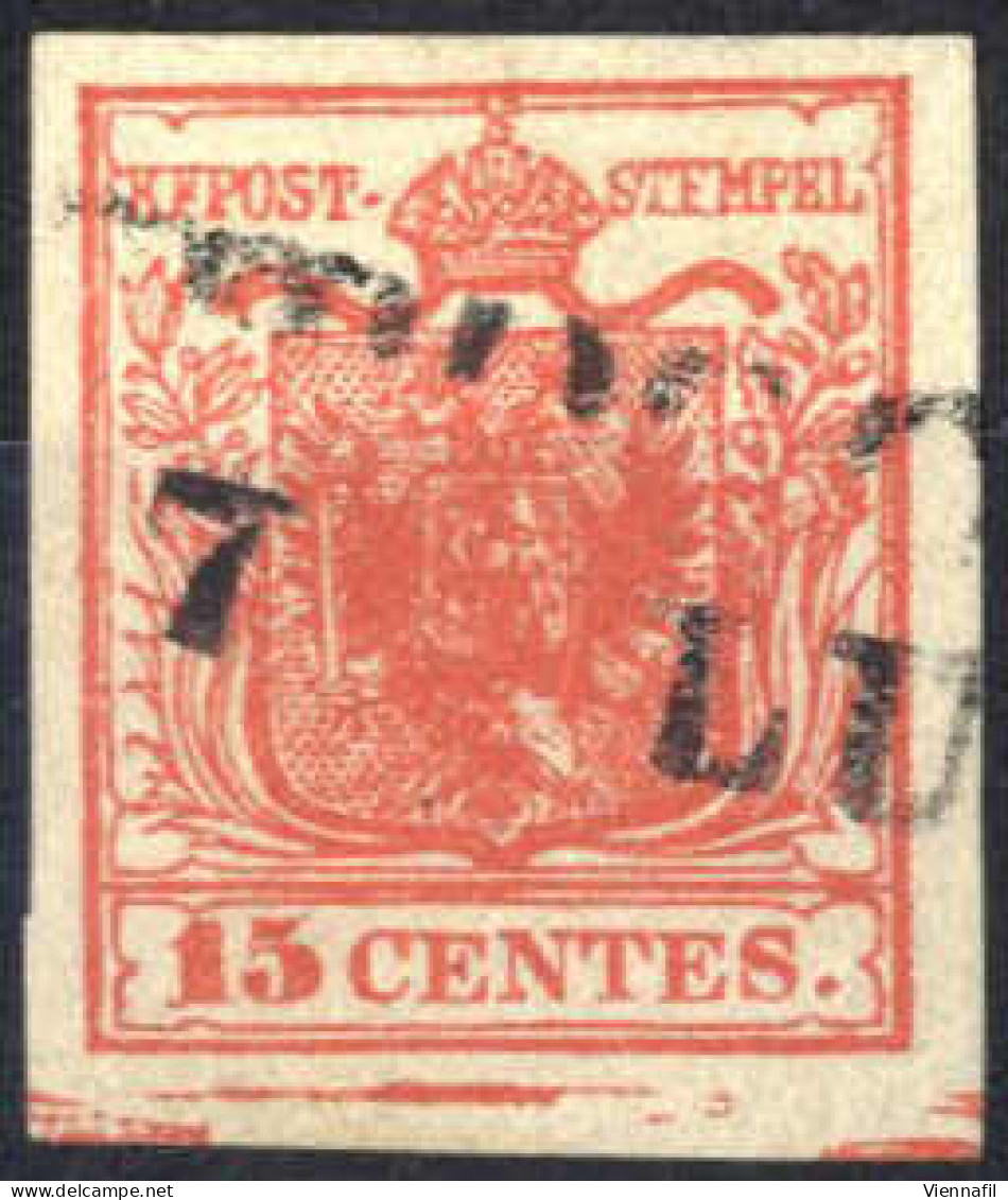 O 1850, 15 Cent. Rosso Vermiglio I Tipo Con Spazio Tipografico In Basso, FirmatoChiavarello, Cert. Raybaudi, Sass. 3ek - Lombardo-Vénétie