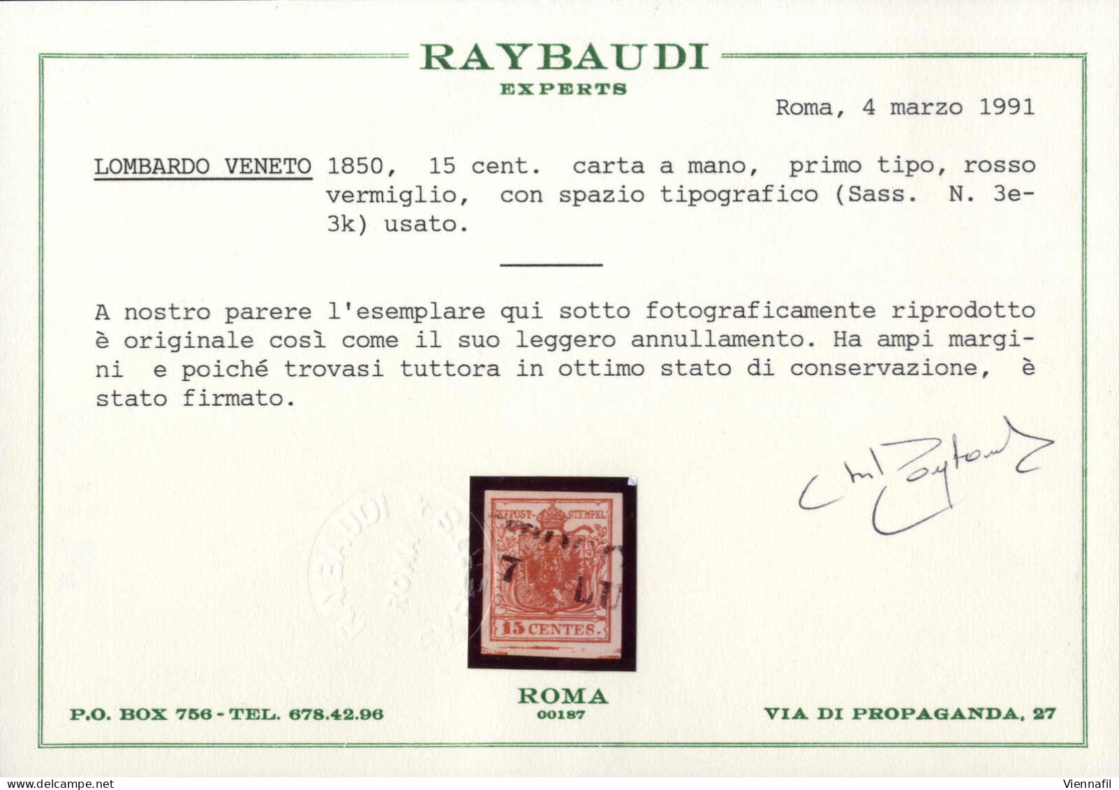 O 1850, 15 Cent. Rosso Vermiglio I Tipo Con Spazio Tipografico In Basso, FirmatoChiavarello, Cert. Raybaudi, Sass. 3ek - Lombardo-Vénétie