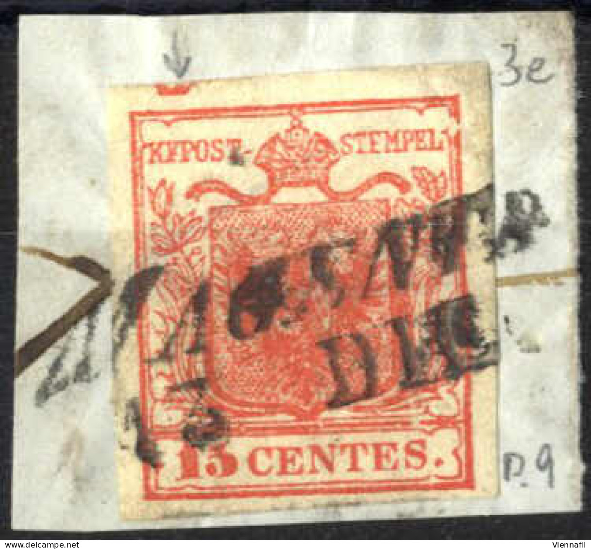 Piece 1850, Frammento Con 15 Cent. Rosso Vermiglio I Tipo Con Spazio Tipografico In Alto, Annullato Magenta Il 13.12 (Sa - Lombardy-Venetia