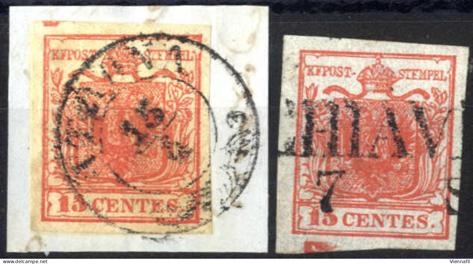O/piece 1850, Frammento Con 15 Cent. Rosso I Tipo Con Spazio Tipografico In Alto, Più Un Valore 15 Cent. Rosso Tipo I Co - Lombardo-Vénétie