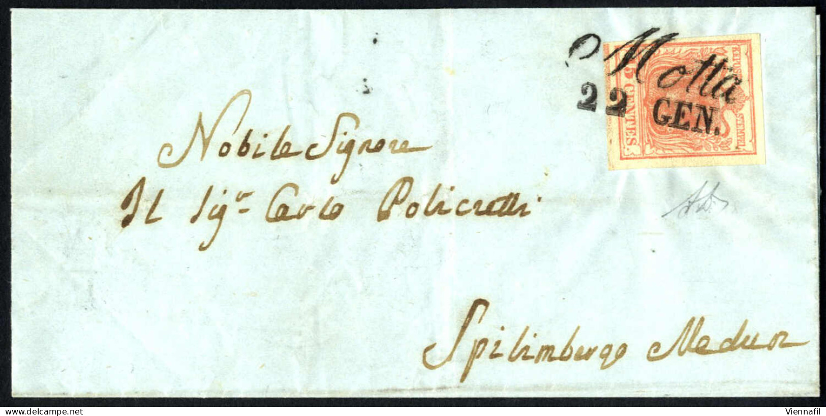 Cover 1851, Lettera Da Motta Il 22.1 Per Spilimbergo Affrancata Con 15 Cent. Rosa II Tipo, I Sottotipo Con Spazio Tipogr - Lombardije-Venetië