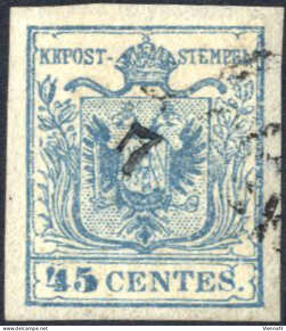 O 1850, 45 Cent. Azzurro Ardesia II°tipo, Usato, Splendido, Firmato Sottoriva, Sass. 11 / 120,- - Lombardy-Venetia
