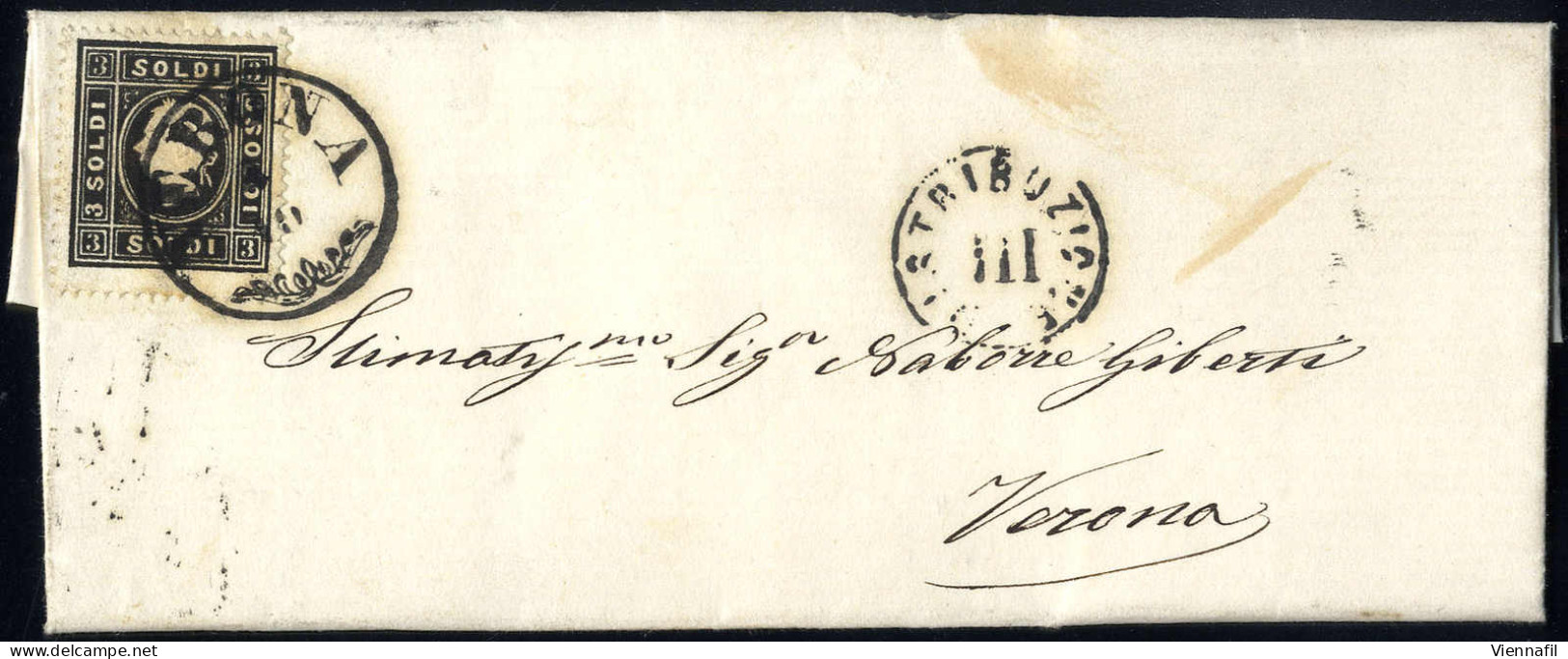 Cover 1859, 3 Soldi Nero, Secondo Tipo, Su Splendida Lettera Da Verona 4.10.1860 Per Città (Sass. 29) - Lombardy-Venetia