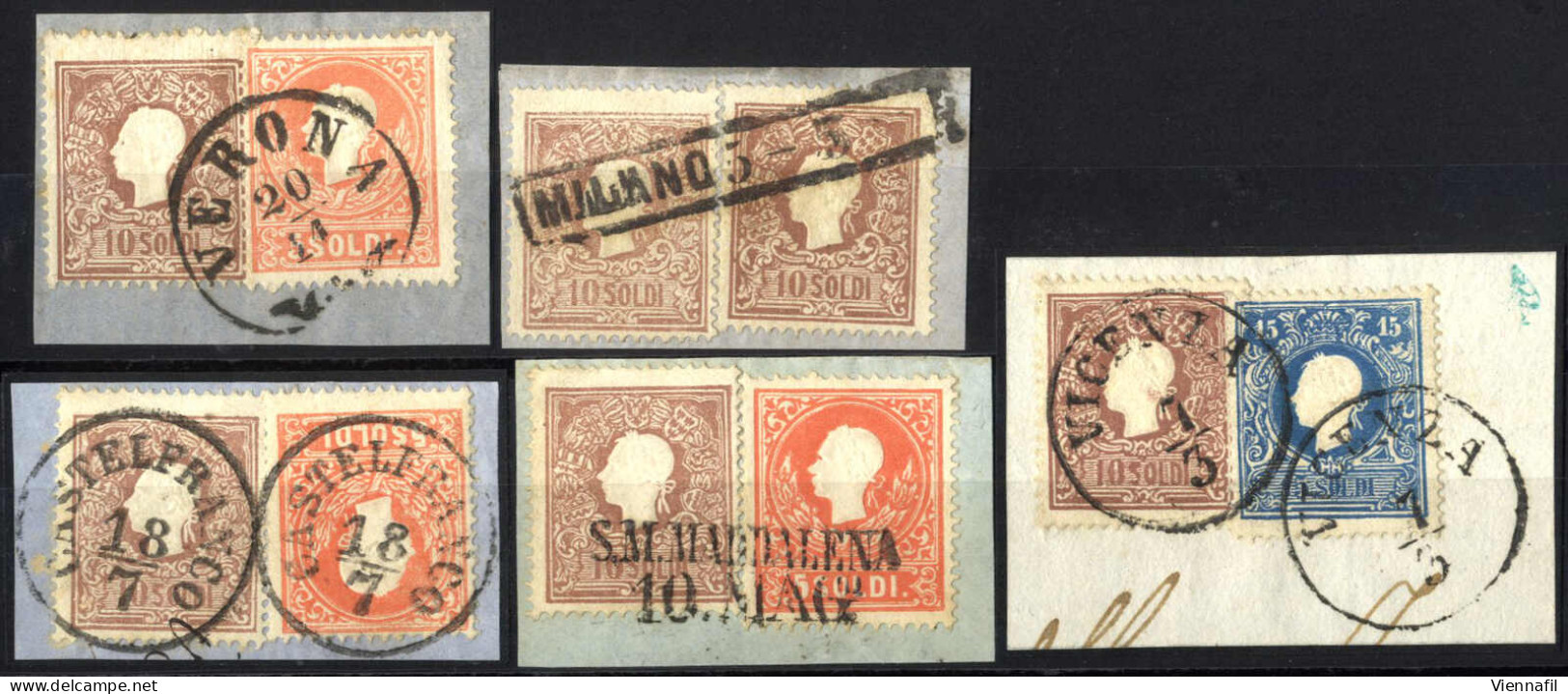 Piece 1858/59, Cinque Frammenti, 5+10 Soldi I°tipo, Uno Con Due 10 Soldi I°tipo, Uno Con 5 Soldi I°tipo + 10 Soldi II°ti - Lombardo-Vénétie