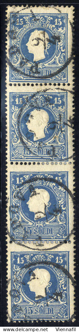O/pair 1859, II. Emissione 15 Soldi Azzurro II Tipo Striscia Verticale Di Quattro, Annulli C1 "PADOVA, 9/4", Dentellatur - Lombardy-Venetia