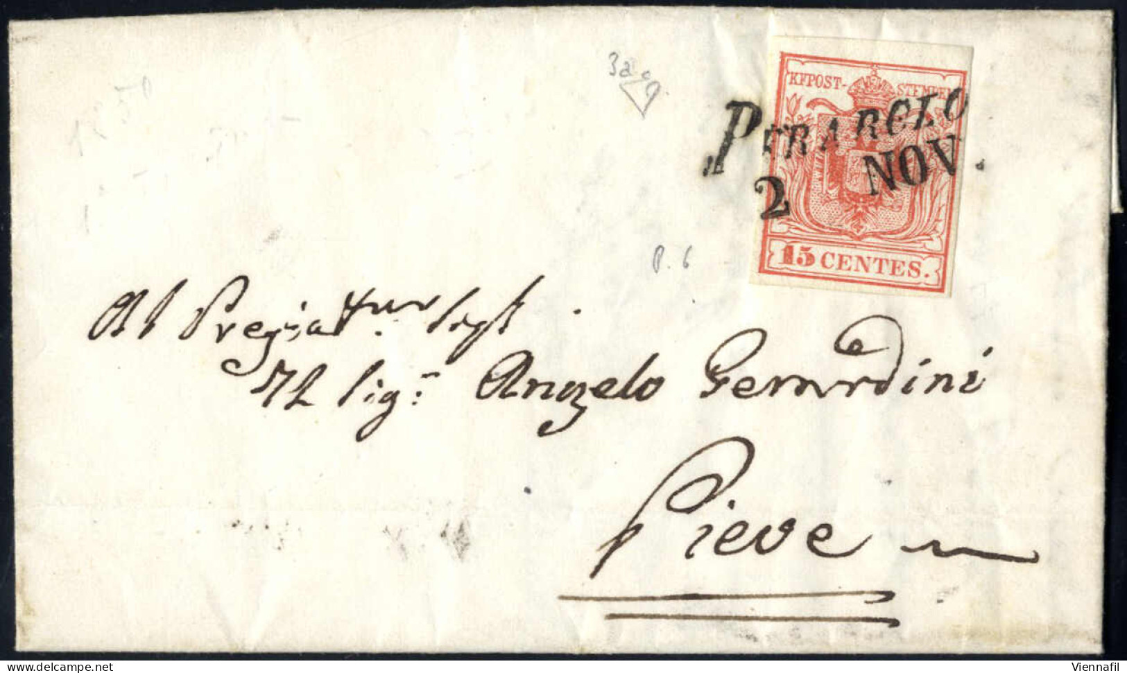 Cover Perarolo, SI Lg. Punti 6, Lettera Del 2.11.1850 Per Pieve Affrancata Con 15 Cent. Rosso I Tipo Prima Tiratura Cart - Lombardy-Venetia