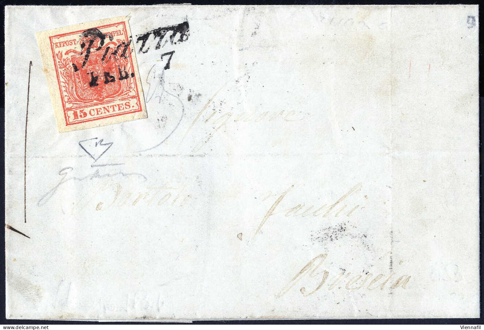 Cover Piazza, (Cor. Punti 11), Lettera Del 7.2.1851 (datario Invertito) Per Brescia Affrancata Con 15 Cent. Rosso I Tipo - Lombardy-Venetia