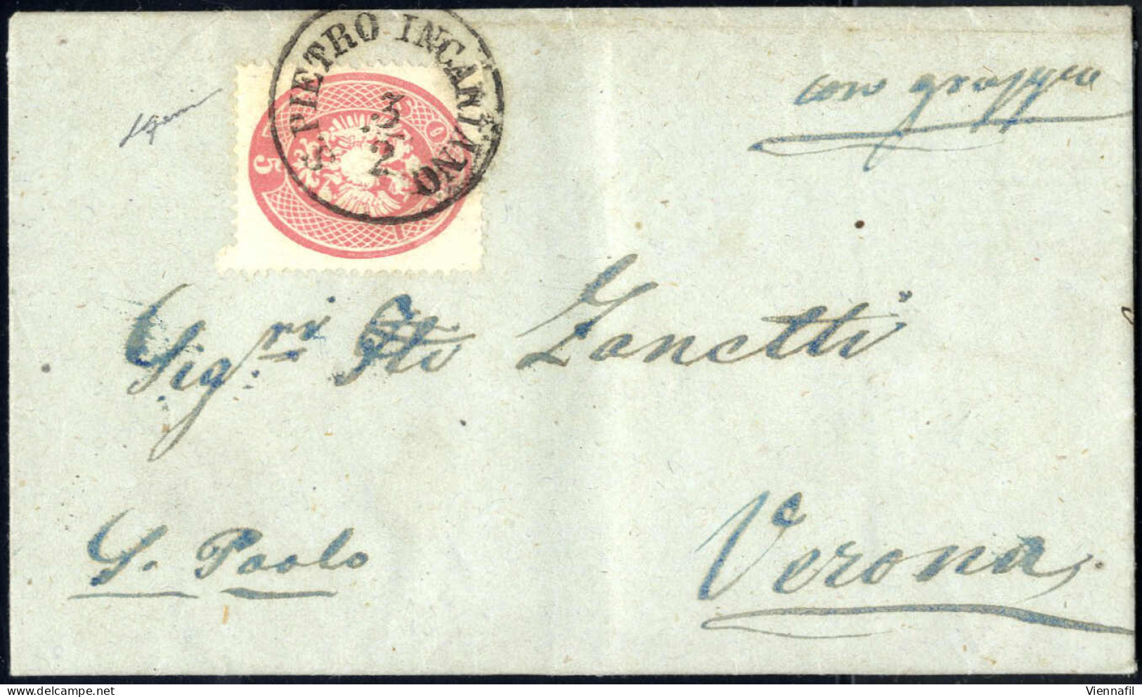 Cover S. Pietro Incariano, C1 7 Punti, Su Lettera Del 3.2.1864 Per Verona, Affrancata Con 5 S Rosa Dent. 14, Firmata Gaz - Lombardo-Vénétie