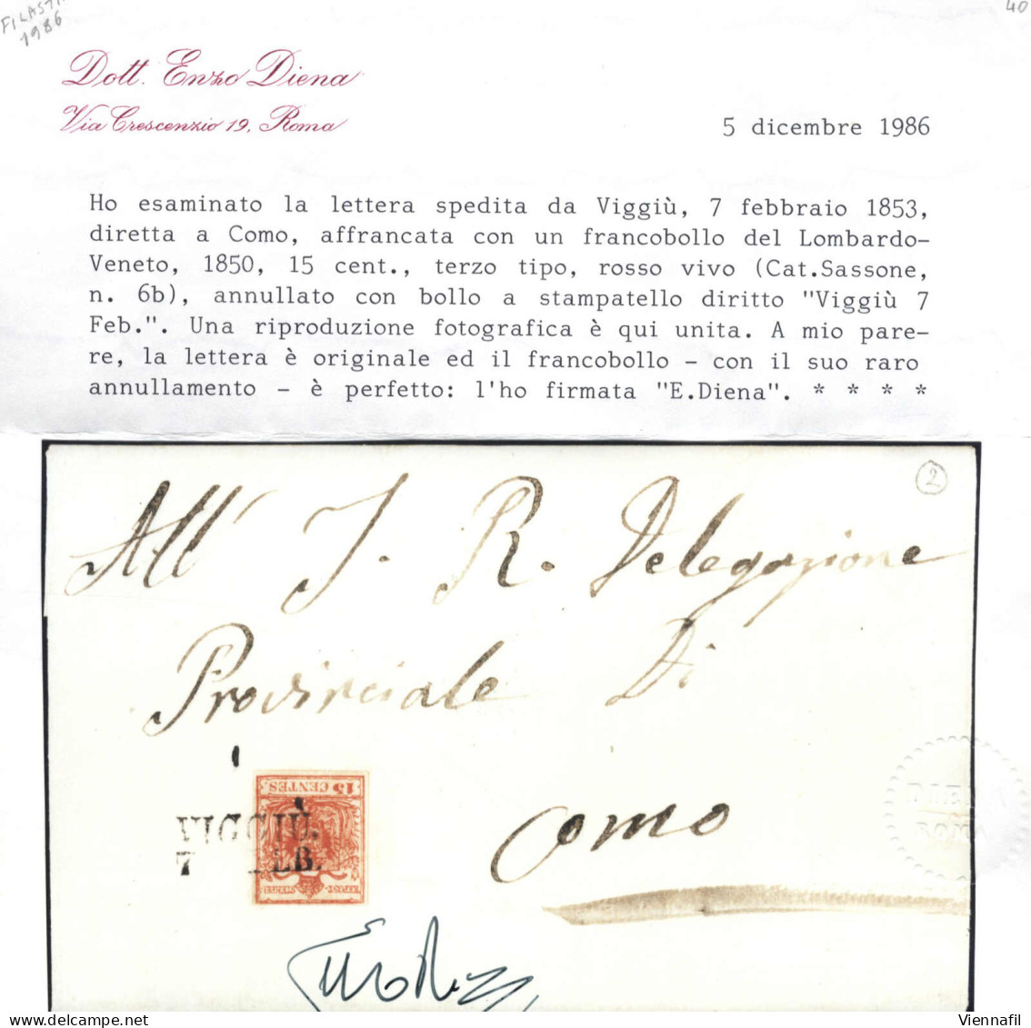 Cover Viggiù, SD Punti 12, Lettera Del 7.2.1853 Per Como Affrancata Con 15 Cent. Rosso Vivo III Tipo Carta A Mano, Cert. - Lombardo-Vénétie
