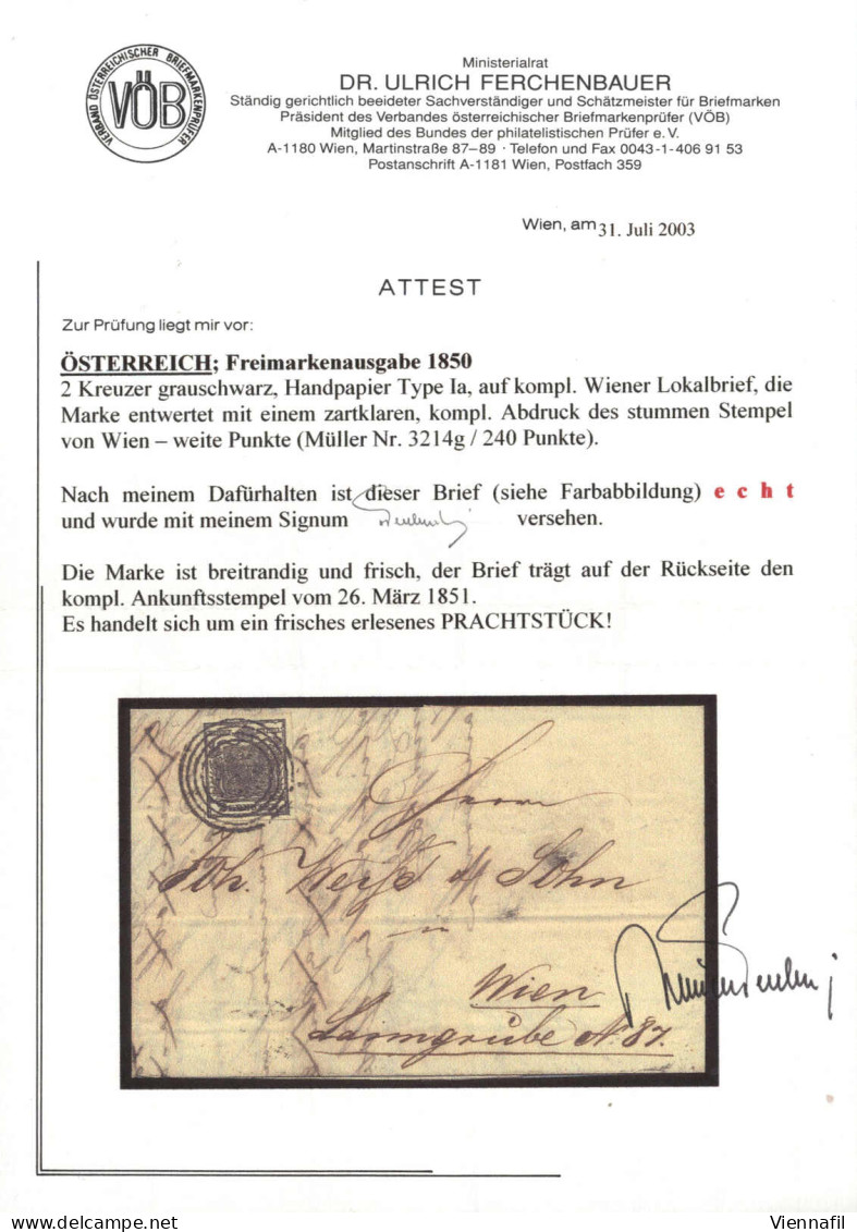 Cover "Wien", Stummer Vierringstempel, Müller 240 Punkte, Lokalbrief Vom 24.3.1851 Frankiert Mit 2 Kr. Grauschwarz Type  - Other & Unclassified