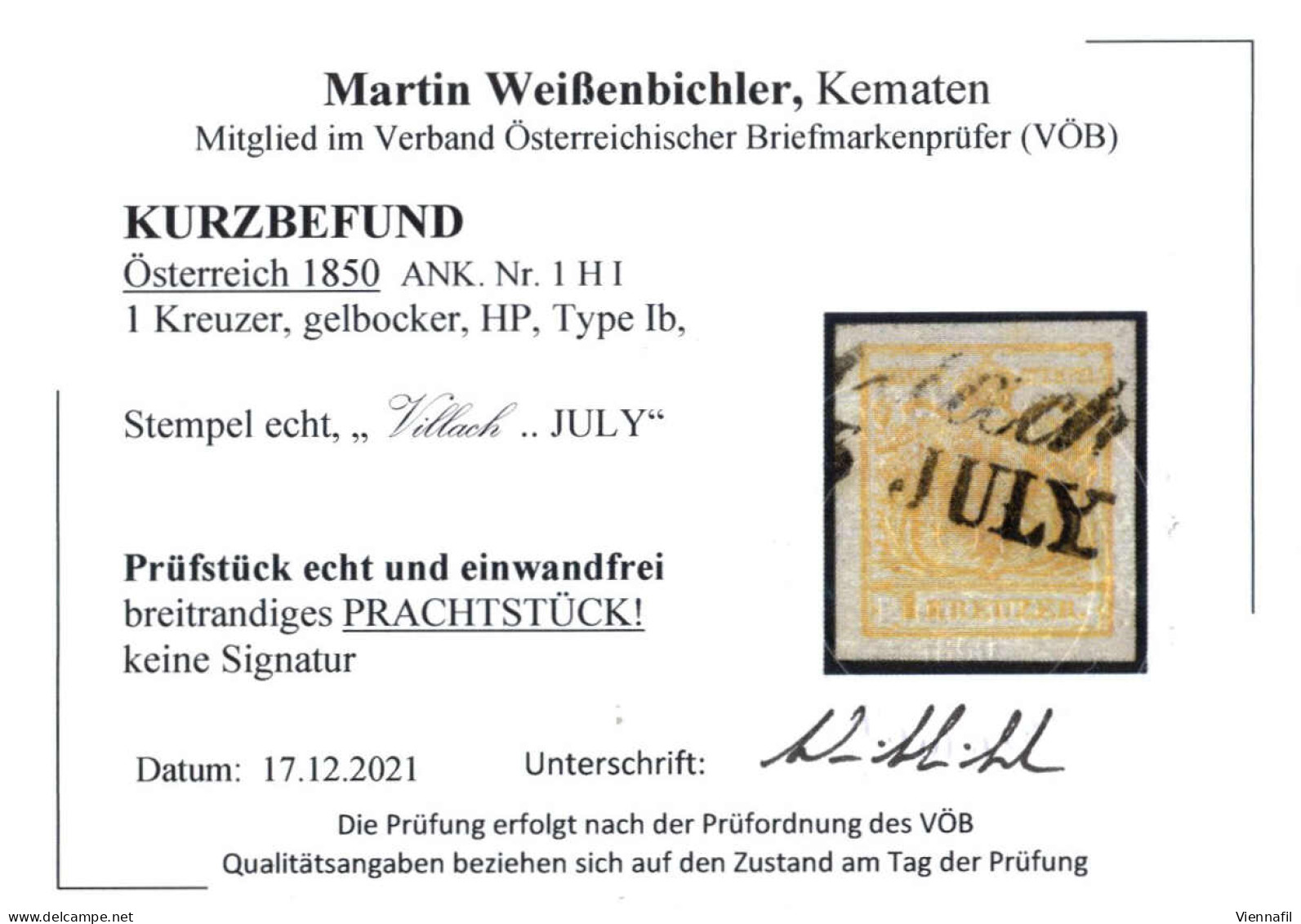 O 1850, 1 Kr. Gelbocker In Type Ib / HP, Gestempeltes Prachtstück, Befund Weissenbichler, ANK 1I HP / 140,- - Sonstige & Ohne Zuordnung