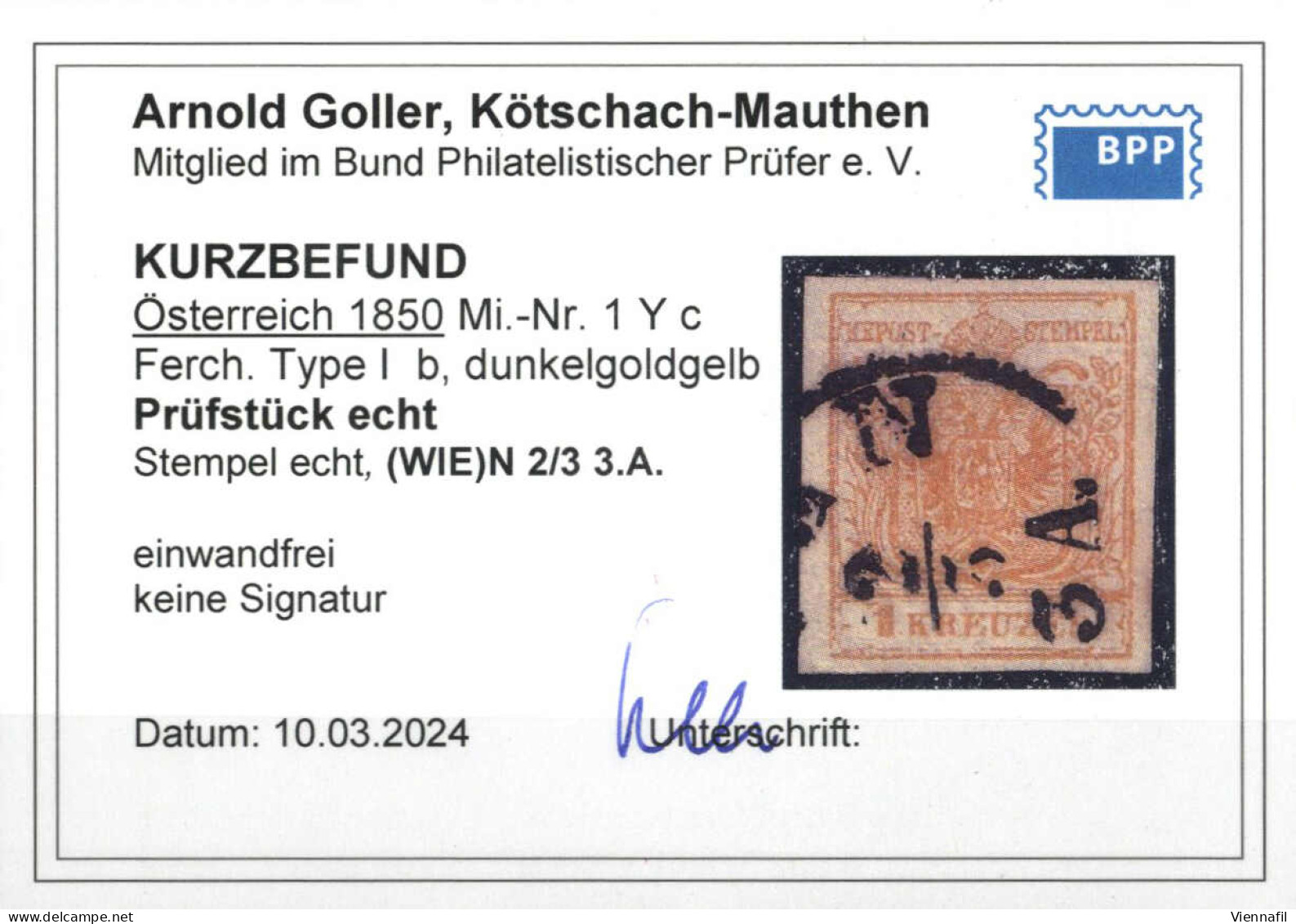 O 1854, 1 Kr. Goldgelb In Type Ib MP, Entwertet "(WIE)N 2/3 3.A.", Befund Goller, ANK 1d / MP - Sonstige & Ohne Zuordnung