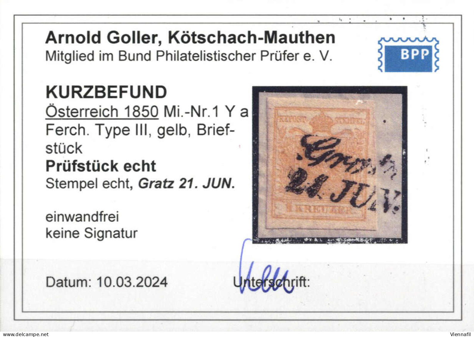 Piece 1854, Briefstück Frankiert Mit 1 Kr. Gelb In Type III MP, Entwertet "Gratz 21. JUN.", Befund Goller, ANK 1a / MP - Other & Unclassified