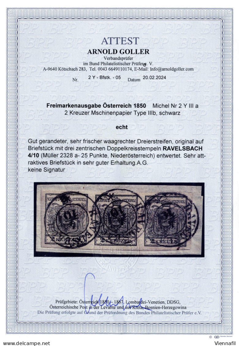 Piece 1854, 2 Kr. Schwarz MP Type IIIb, Ringsum Gut Gerandeter Und Frischer Waagrechter Dreierstreifen Auf Briefstück, M - Sonstige & Ohne Zuordnung