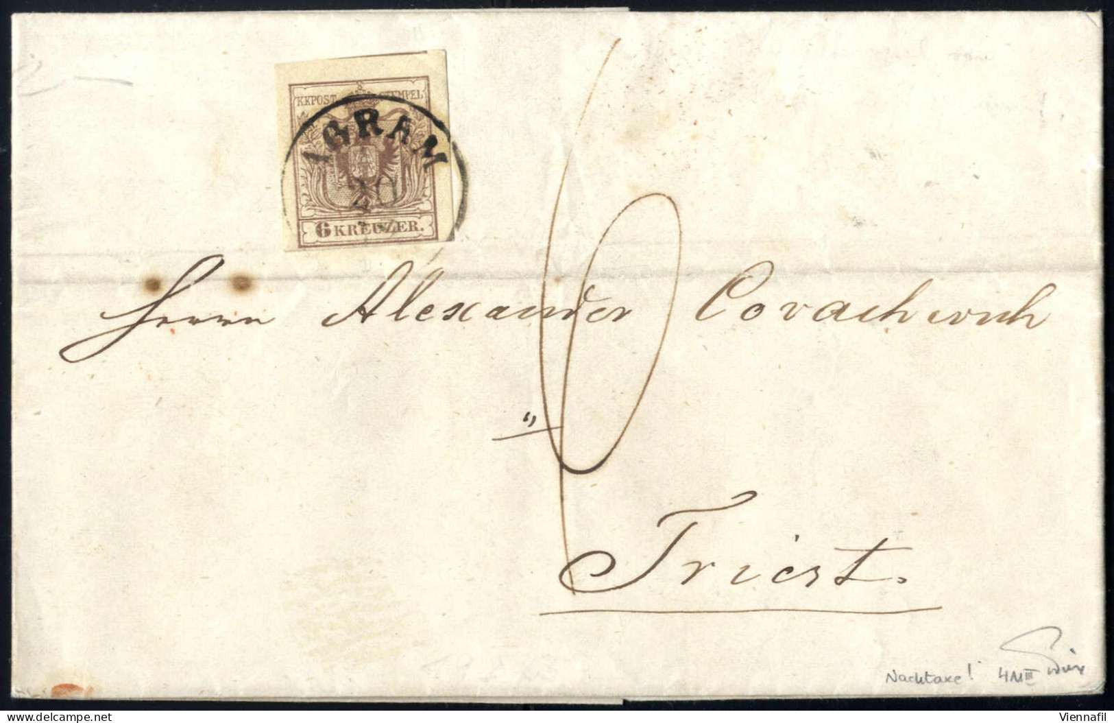 Cover 1855, Brief Von Agram Vom 20.10. Nach Triest Frankiert Mit 6 Kr. Braun Maschinenpapier, Unterfrankiert Mit 6 Kr. N - Other & Unclassified