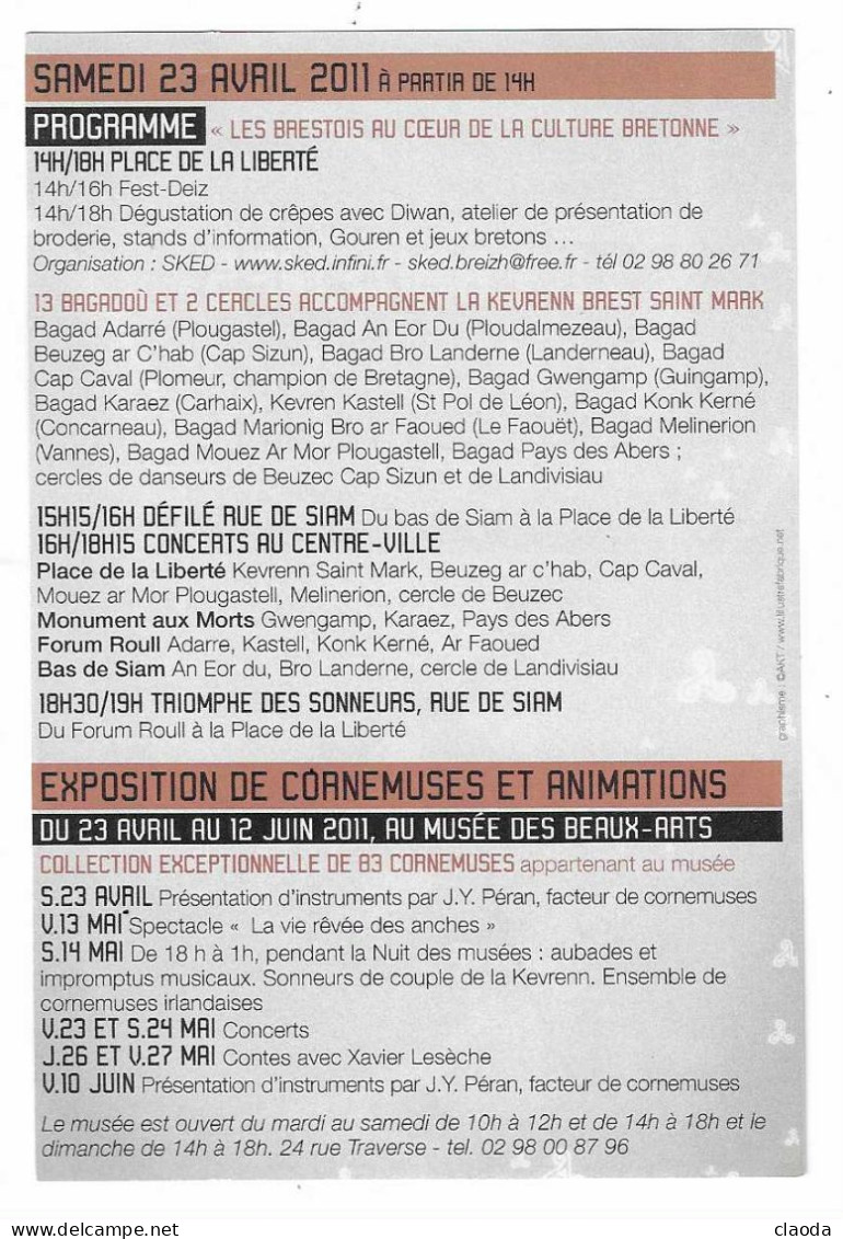 X332 - PRINTEMPS DES SONNEURS - BREST 23 Avril 2011 - BINIOU - CORNEMUSE -  Avec Le Programme De La Fête - Muziekinstrumenten