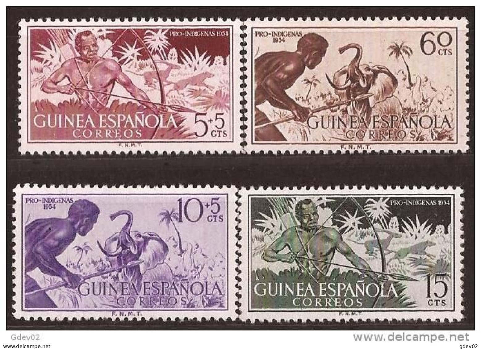 GUI334SCSF-L4169C-TESPGUI.Guinea Guinee GUINEA ESPAÑOLA  PRO INDIGENAS,CAZADORES 1954.( Ed 334/37**) Sin Charnela LUJO - Altri & Non Classificati