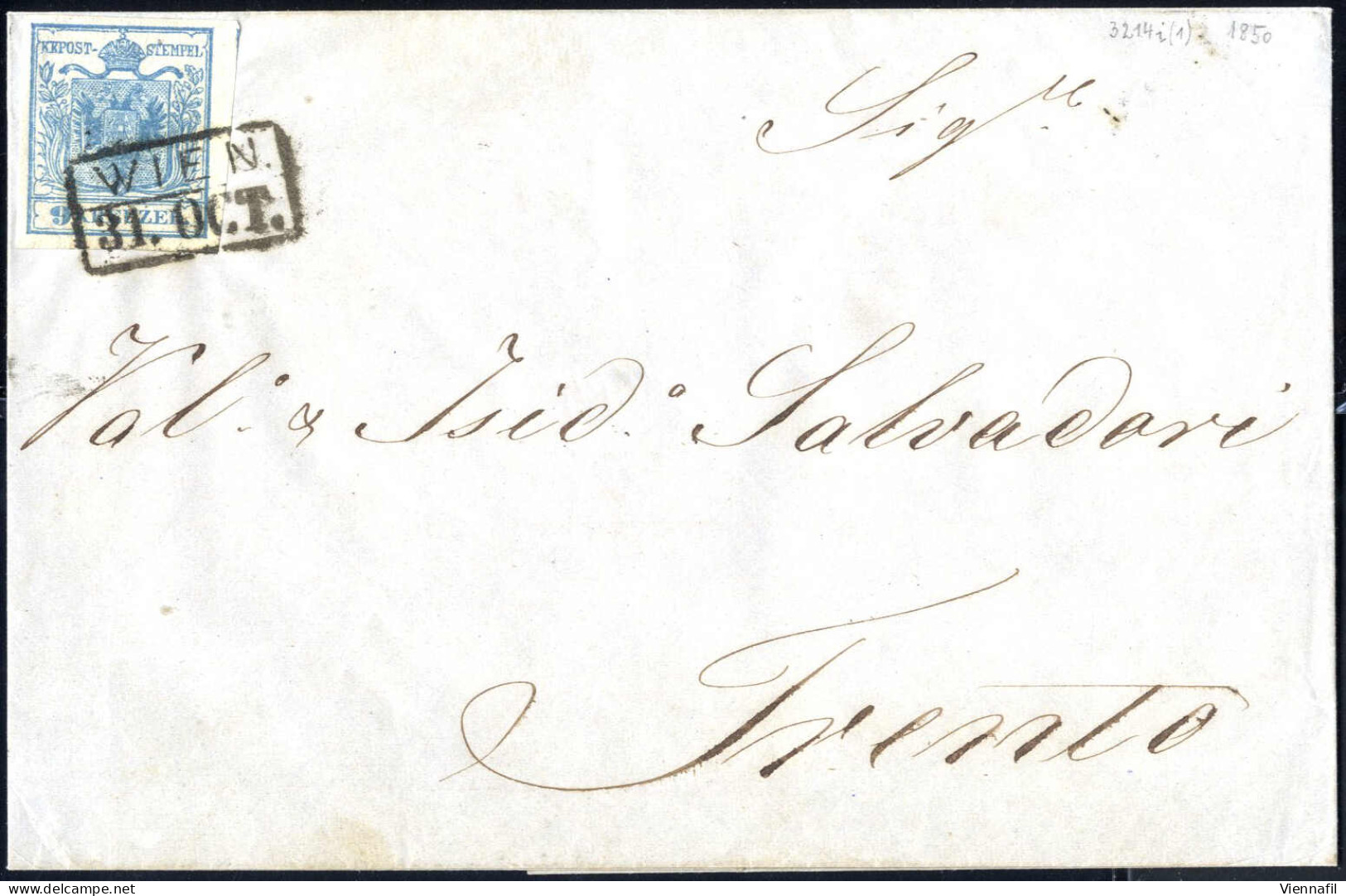 Cover 1850, 9 Kr. Blau In Type I, P5, Auf Brief Von Wien Nach Trient, Index 6, Gestempelt, ANK 5 I - Autres & Non Classés