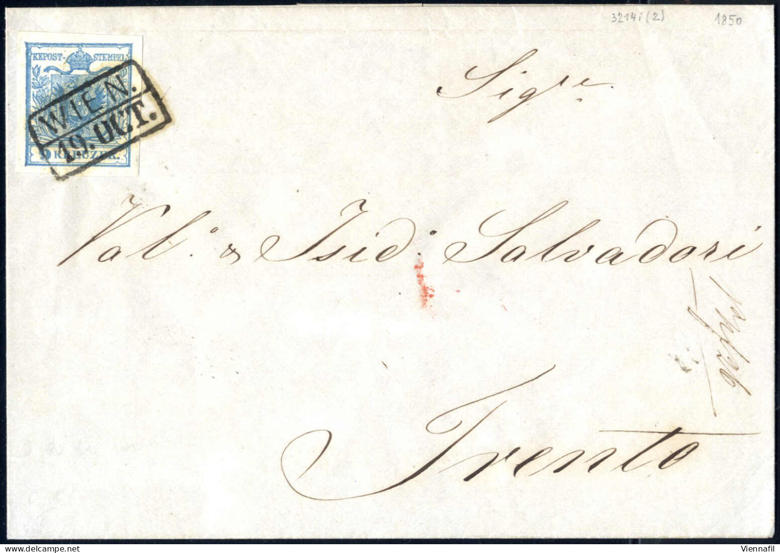 Cover 1850, 9 Kr. Blau In Type I, P5, Auf Brief Von Wien Nach Trient, Index 6, Gestempelt, ANK 5 I - Andere & Zonder Classificatie