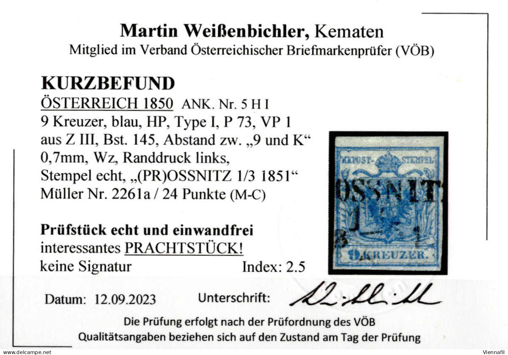 O 1850, 9 Kr. Blau In Type I, P73, VP 1 Aus Z III, Bst. 145, Abstand Zw. "9 Und K" 0,7mm, Index 2.5, Gestempelt, Befund  - Autres & Non Classés