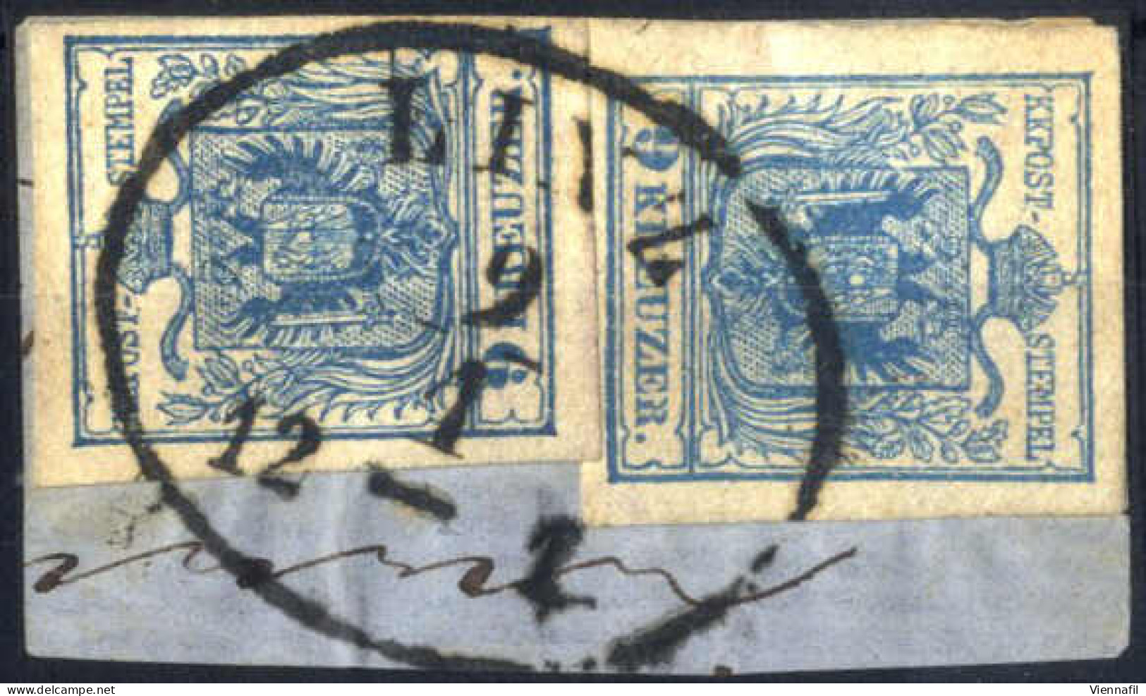 Piece 1850, Briefstück Frankiert Mit Zwei 9 Kr. Blau In Type III Mit Zwei Verschiedenen Farbnuancen, Entwertet "Linz 9/1 - Altri & Non Classificati