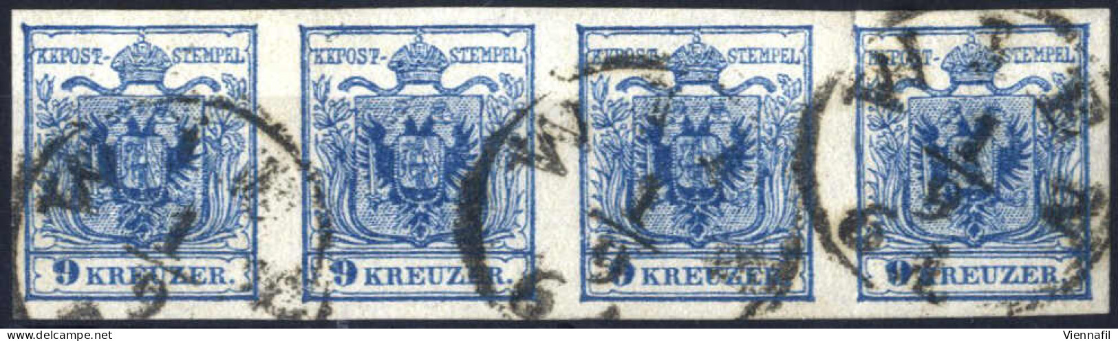 O/pair 1850, Waagrechter Viererstreifen 9 Kr. Blau In Type III, Mit Bug Zwischen 1. Und 2. Marke Von Rechts, Entwertet " - Autres & Non Classés
