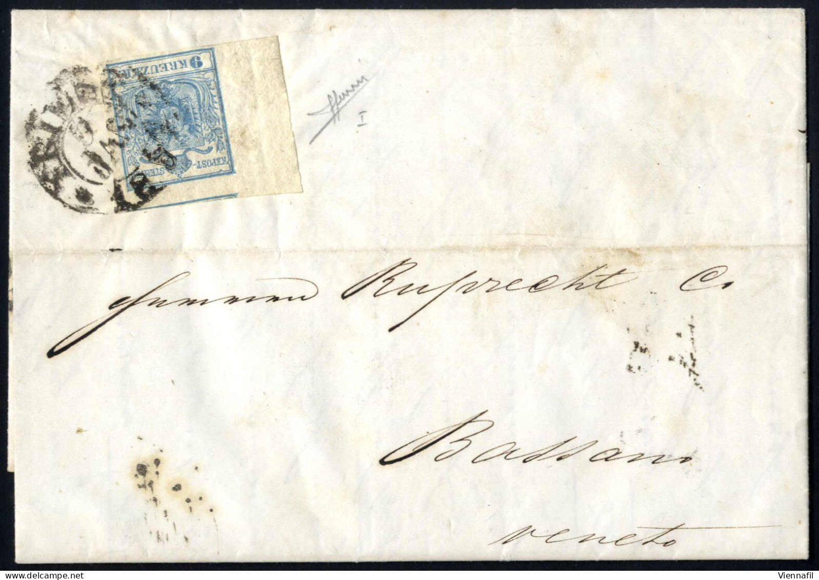 Cover 1851, Kompletter Brief Vom 3.1.1851 Von Triest Nach Bassano, Frankiert Mit 9 Kr. Blau HP Type I, Unten Voll Sonst  - Autres & Non Classés