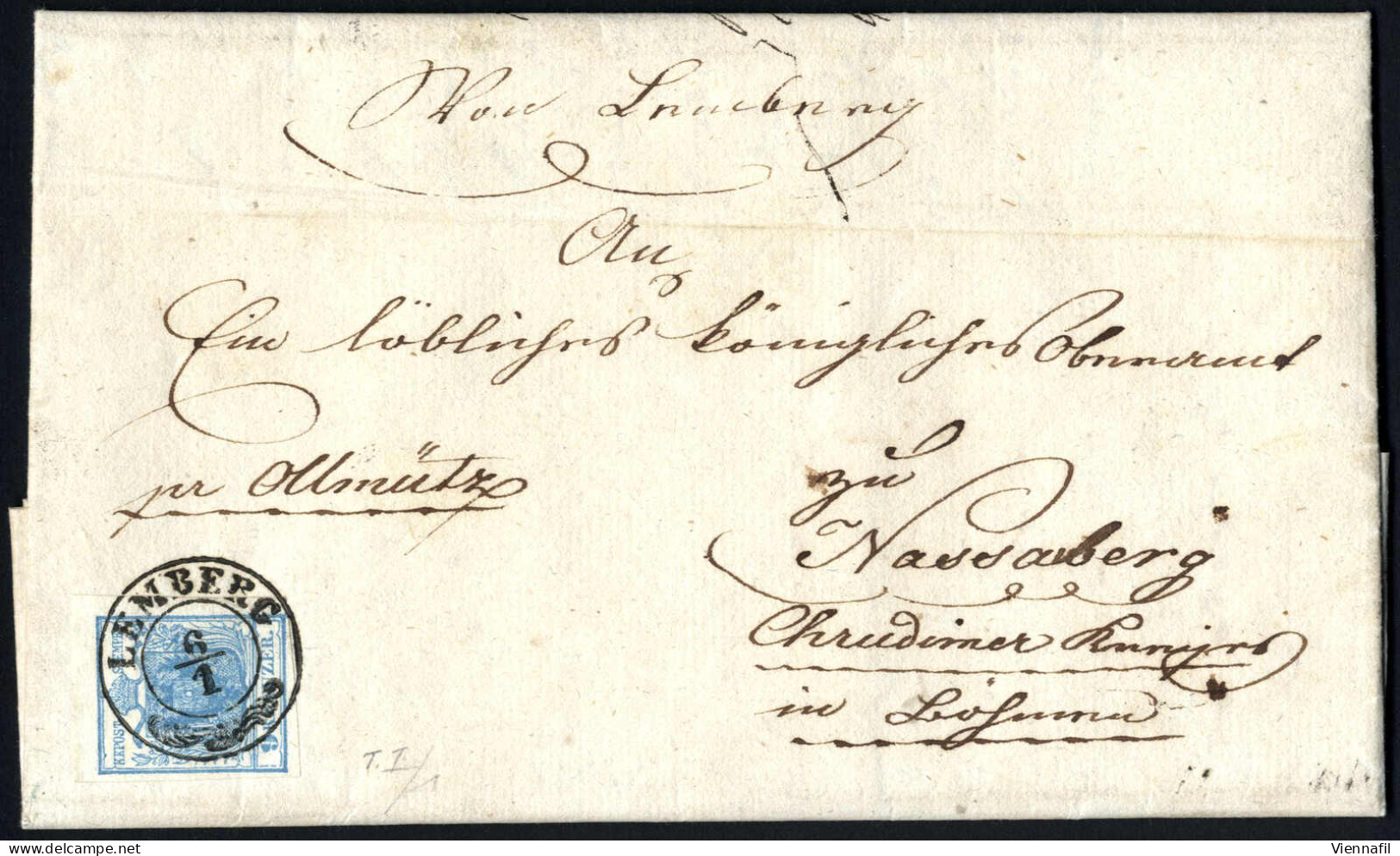 Cover 1851, Kompletter Faltbrief Vom 6.1.1851 Von Lemberg Nach Nassaberg, Frankiert Mit 9 Kr. Blau HP Type I, Gut Bis Se - Altri & Non Classificati