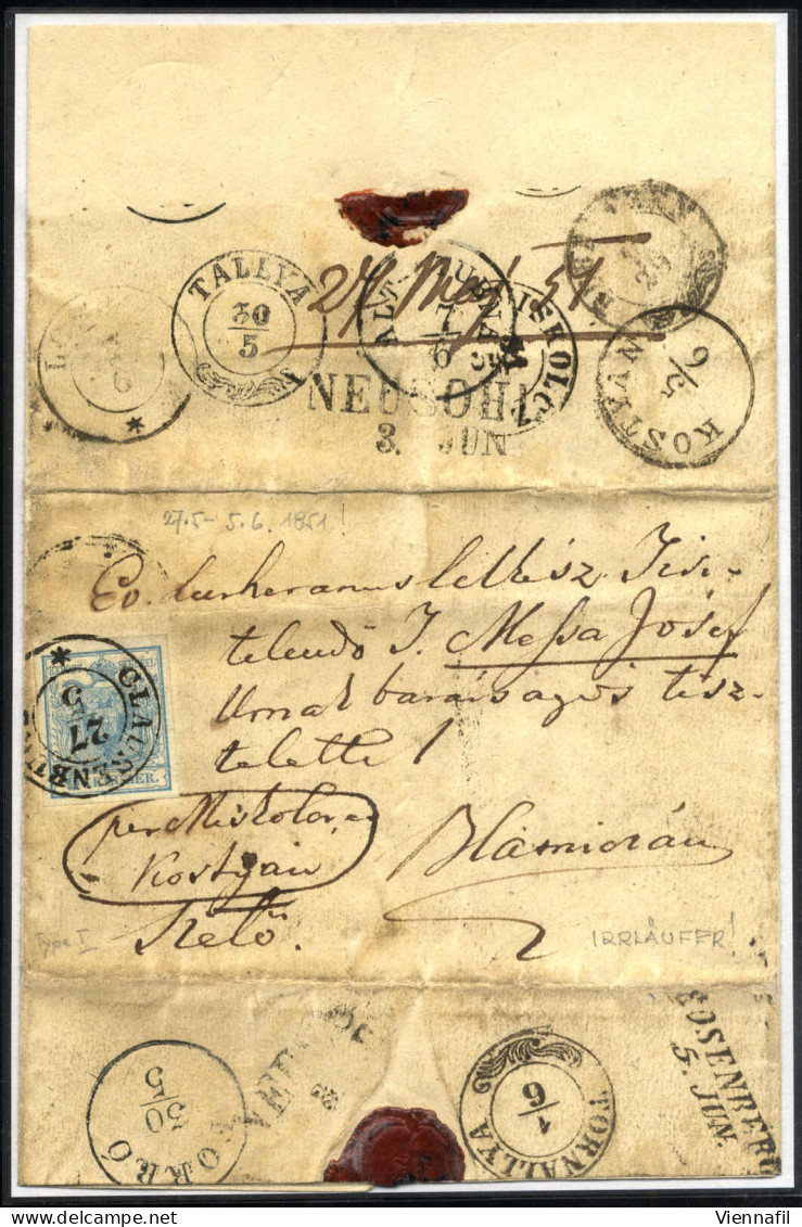 Cover 1851/1853, Zwei Irrläuferbriefe Von Clausenberg Nach Blarnicran (Ungarn) Frankiert Mit Je Mit 9 Kr. Blau Type I Vo - Autres & Non Classés