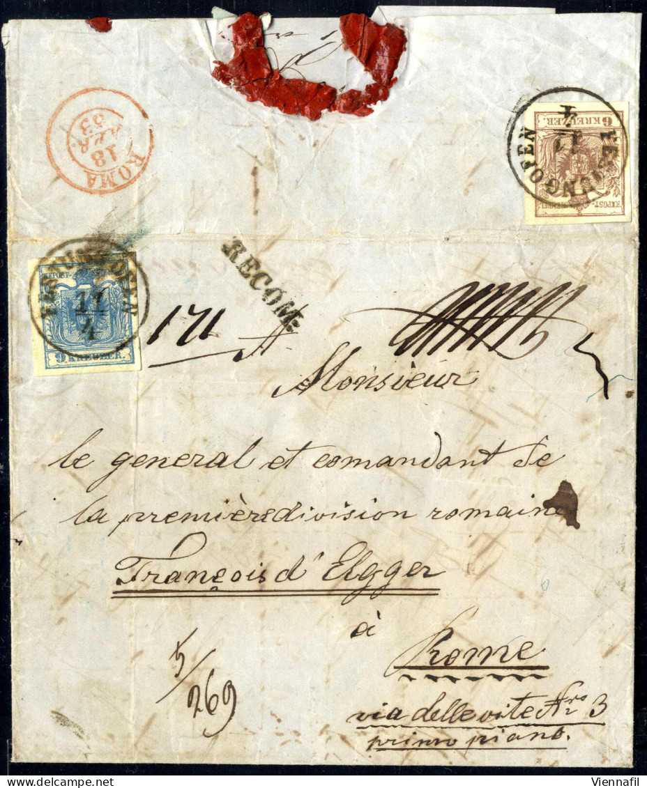 Cover 1853, Eingeschriebener Brief Von Festungofen Am 11.4. Nach Rom (Kirchenstaat) Frankiert Mit 9 Kreuzer Blau Und Rüc - Other & Unclassified