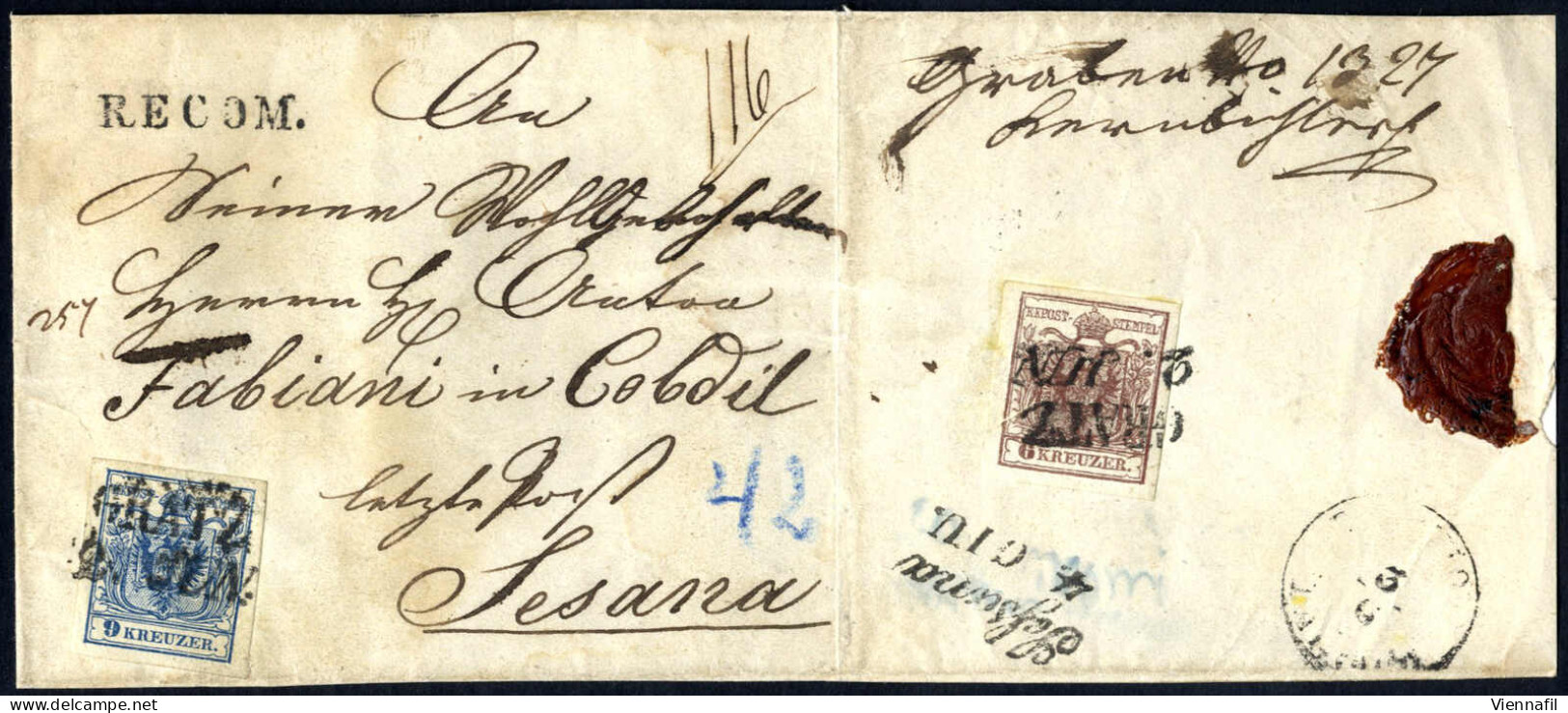 Cover 1854, Eingeschriebener Brief Von Graz Am 2.6. Nach Sesana Frankiert Mit 9 Kr. Blau Und Rückseitig 6 Kr Braun, ANK  - Other & Unclassified