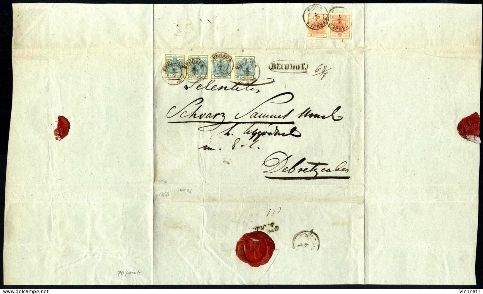 Cover 1856, Eingeschriebener Brief Von Eperjes Vom 4.7. Nach Debreczin Frankiert Mit Viererstreifen 9 Kr. Blau Und Rücks - Other & Unclassified