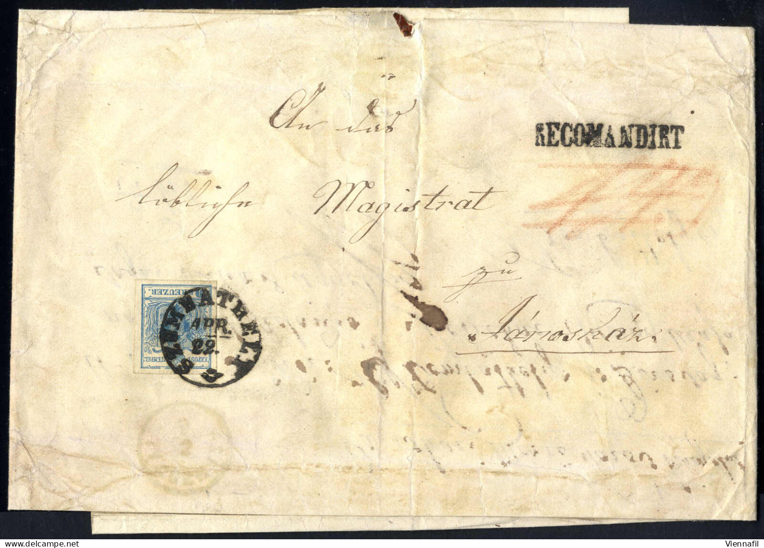 Cover 1856, Eingeschriebener Brief Von Szombathely Am 22.4. Nach Janoshaza Frankiert Mit 9 Kr. Blau Und 6 Kr. Braun Rück - Altri & Non Classificati