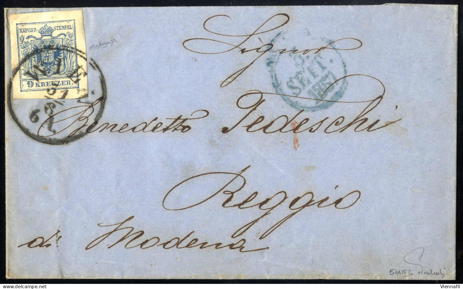 Cover 1857, Brief Von Wien Am 31.8. Nach Reggio Di Modena Frankiert Mit 9 Kr. Blau Maschinenpapier, ANK 5 MP - Andere & Zonder Classificatie