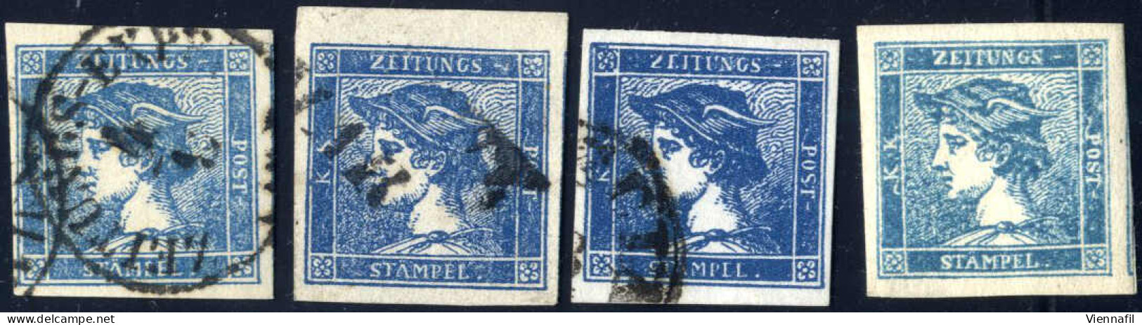 */o 1851, 0,6 Kreuzer Blau Type IIc, Drei Gestempelte Und Eine Ungebrauchte Marke In Verschiedenen Nuancen, Zwei Signier - Zeitungsmarken