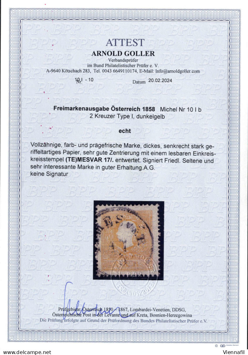 O 1858, 2 Kreuzer Dunkelgelb In Type I Auf Dickem, Senkrecht Geriffeltartigem Papier, Gestempelt (Te)mesvar 17., Pracht, - Altri & Non Classificati
