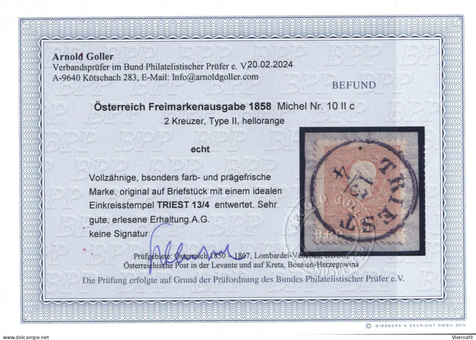 Piece 1858, 2 Kreuzer Hellorange In Type II Auf Briefstück Triest 13.4., Pracht, Befund Goller, ANK 10 IIc / 350,- - Autres & Non Classés