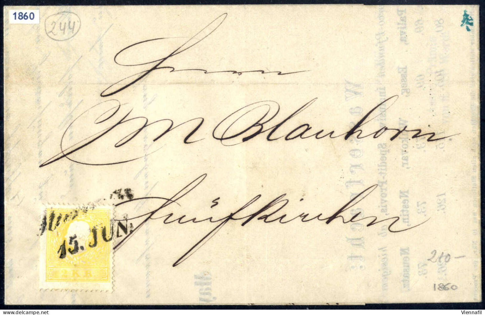 Cover 1860, Brief Nach Fünfkirchen Frankiert Mit 2 Kr. Gelb In Type II, Entwertet "Ollmütz 15. Jun.", Ex Provera, ANK 10 - Sonstige & Ohne Zuordnung