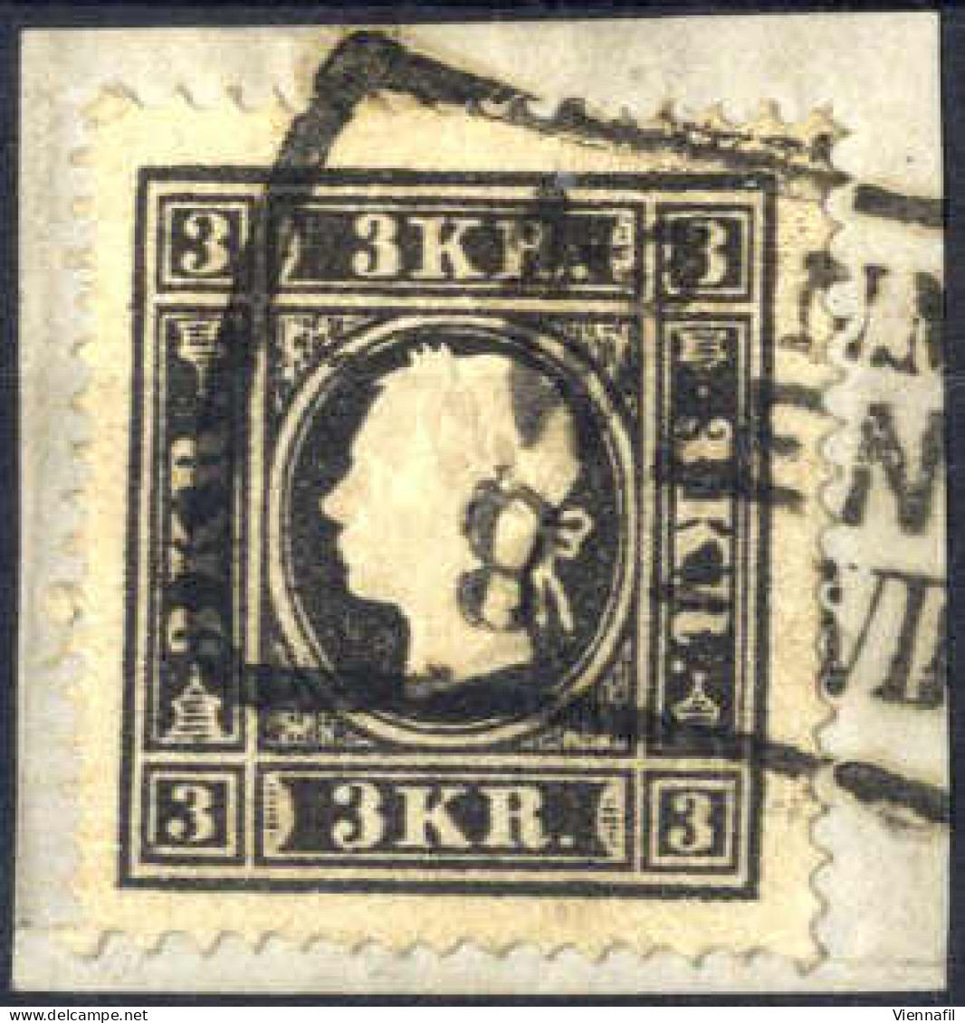 Piece 1858, 3 Kr. Schwarz In Type II Auf Briefstück, Gestempelt, Mi. 11 II - Andere & Zonder Classificatie