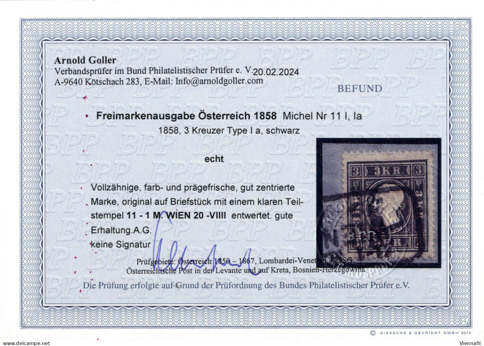 Piece 1858, 3 Kr. Schwarz Type I A Auf Kleinem Briefstück, Vollzähnig, Farb- Und Prägefrisch, Gut Zentriert Und Klar Ges - Sonstige & Ohne Zuordnung