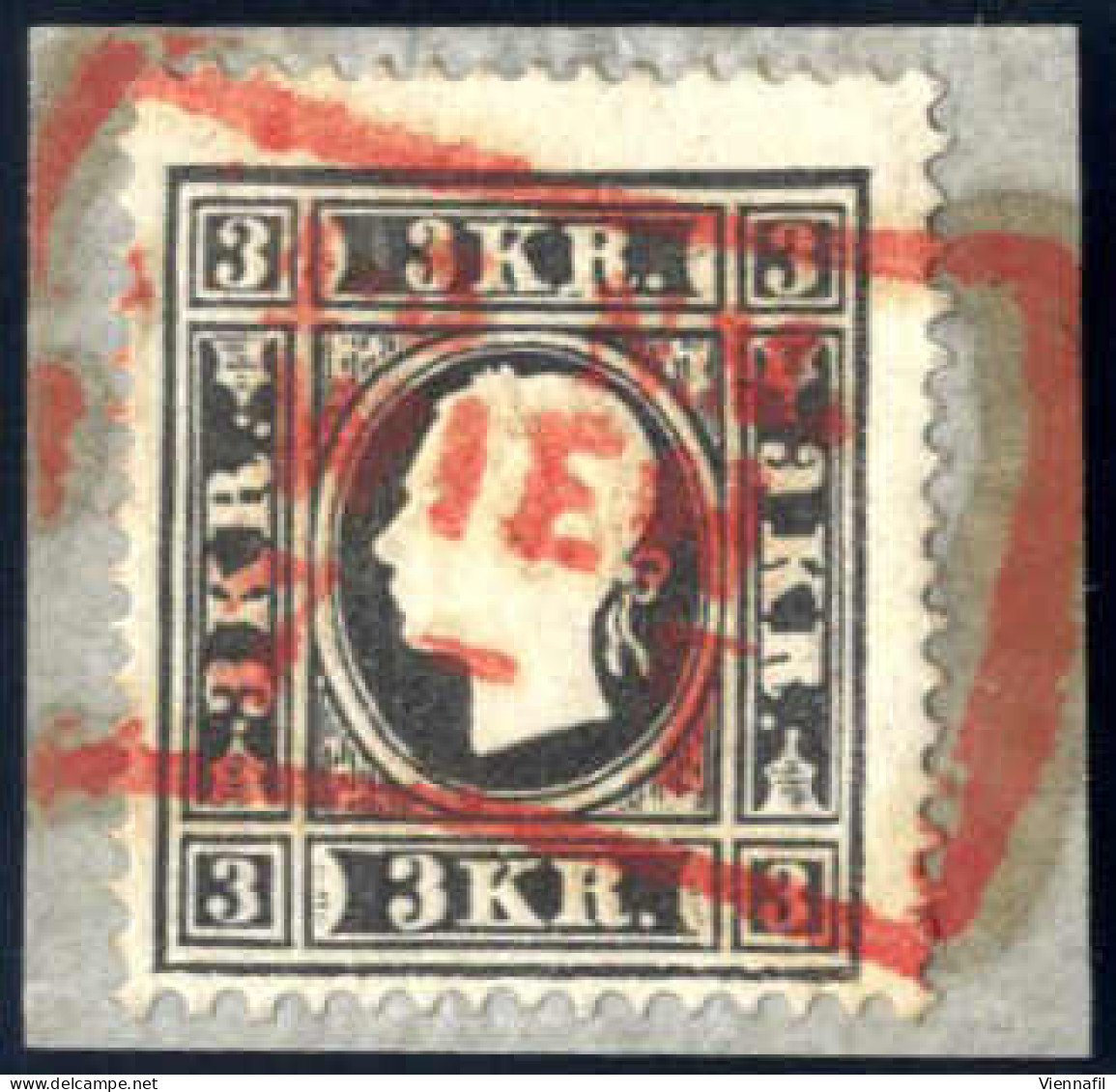 Piece 1858, 3 Kr. Schwarz Type I B, Vollzähnig, Farb- Und Prägefrisch, Mit Einem Leuchtendroten Teilstempel "1 - 3.N.M.  - Andere & Zonder Classificatie