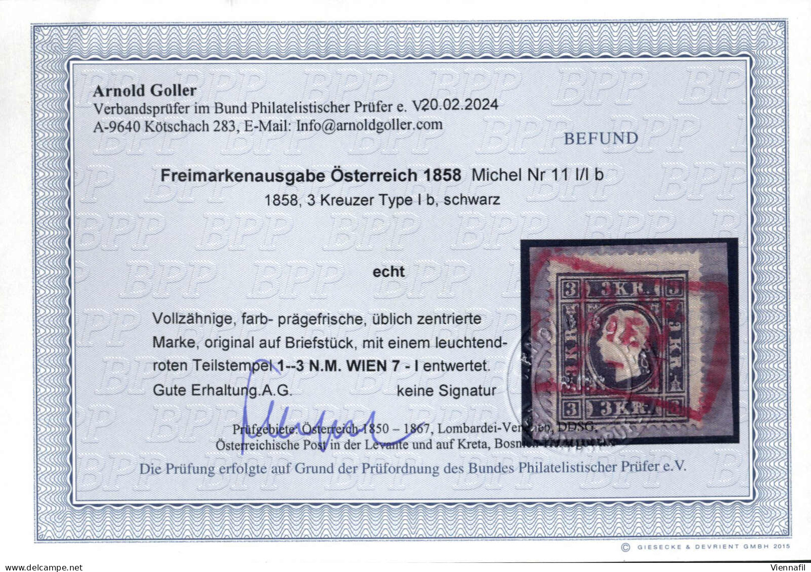 Piece 1858, 3 Kr. Schwarz Type I B, Vollzähnig, Farb- Und Prägefrisch, Mit Einem Leuchtendroten Teilstempel "1 - 3.N.M.  - Sonstige & Ohne Zuordnung