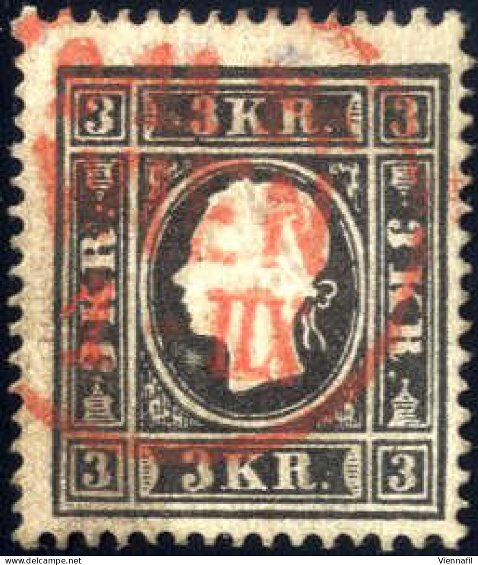 O 1858, 3 Kr. Schwarz Type I, Mit Roter Abstempelung Wien, ANK 11Iax - Andere & Zonder Classificatie