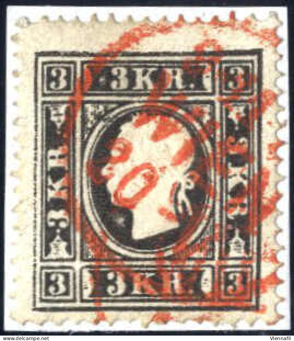 O 1858, 3 Kr. Schwarz Type II, Mit Roter Abstempelung Wien, Mi. 11 IIa - Sonstige & Ohne Zuordnung