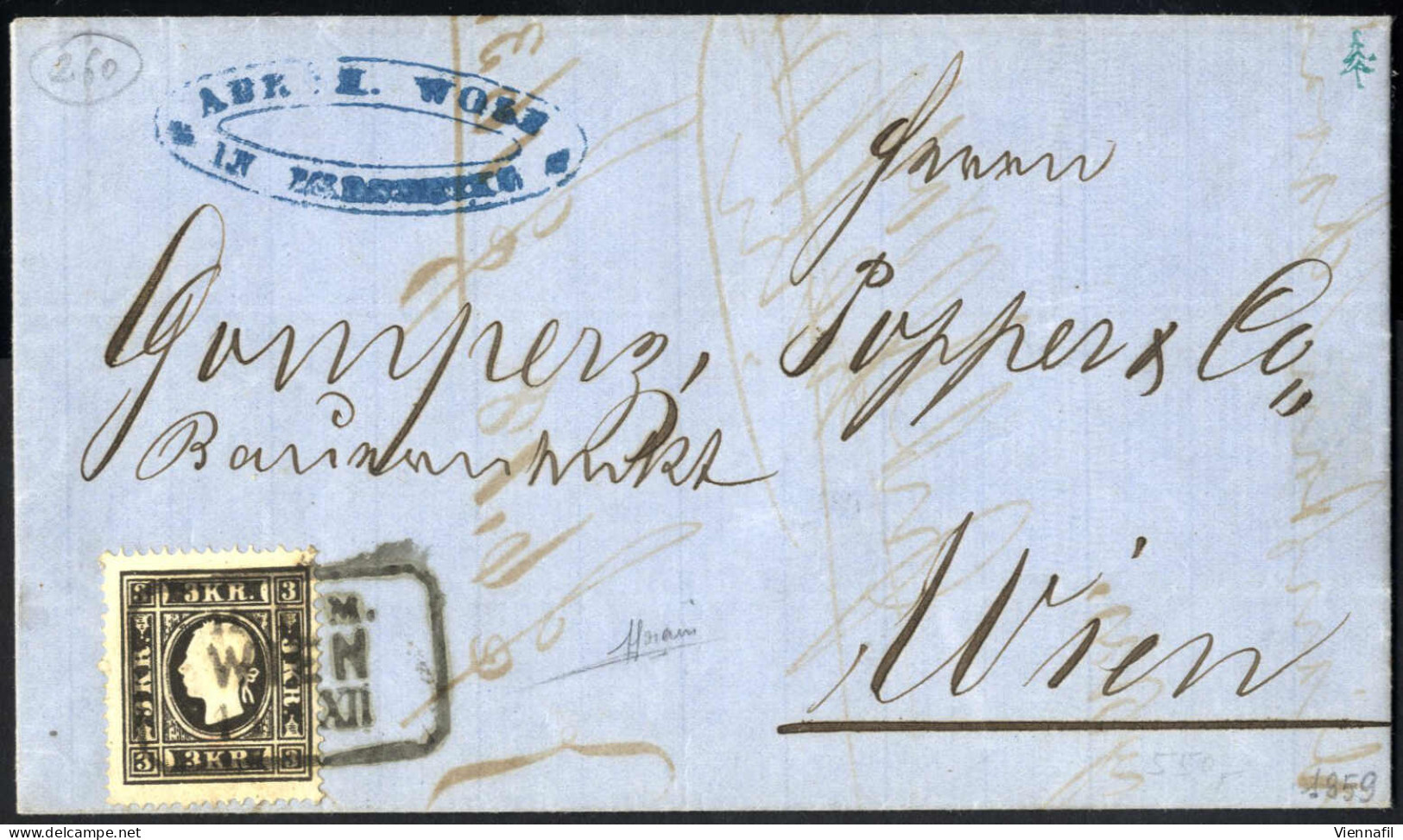 Cover 1859, Ortsbrief Von Wien Am 11.12. Frankiert Mit 3 Kr. Schwarz Type II, Ex Provera, ANK 11 II - Sonstige & Ohne Zuordnung