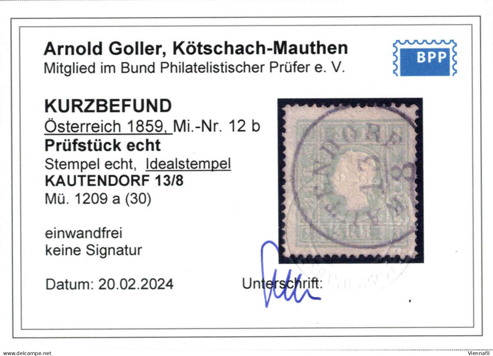 O 1859, 3 Kr. Bläulichgrün Type II, Sehr Gut Gezähnt Und Zentriert, Mit Idealstempel "KAUTENDORF, 13/8" (Mü. 1209 A, 30  - Sonstige & Ohne Zuordnung